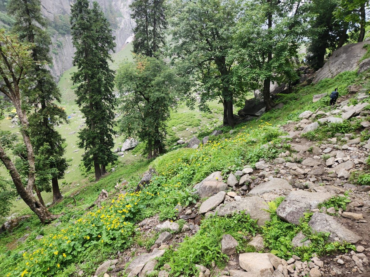 Trekkers crossing Hampta Pass with snow-covered mountains in Himachal Pradesh