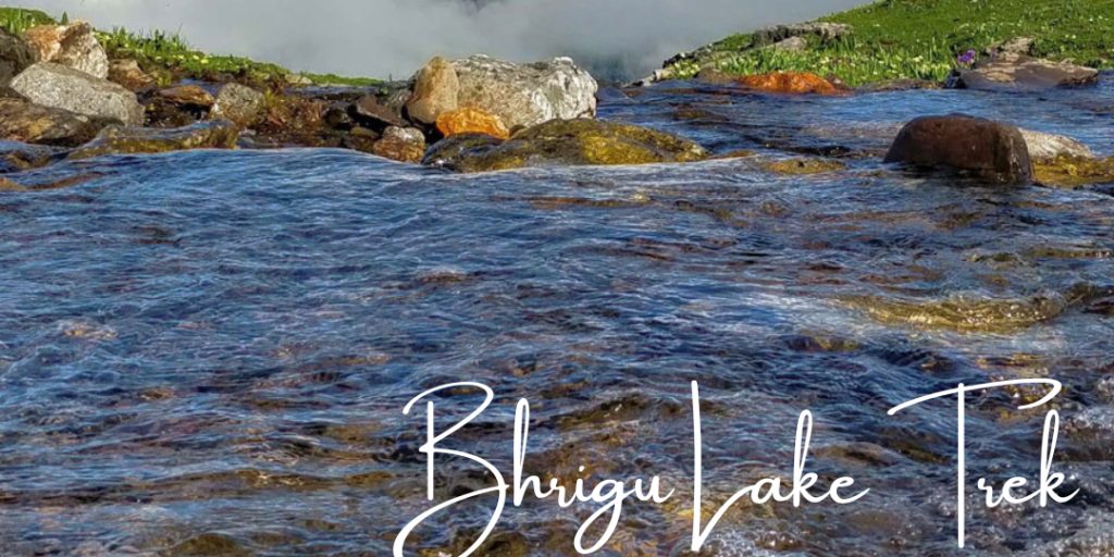 Bhrigu Lake with wildflowers and snow-patched peaks in the distance