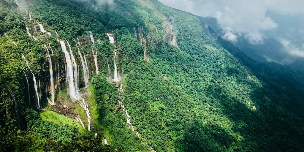 Trekker ascending a steep trail from Tshoka to Dzongri with snow-capped peaks in the background.