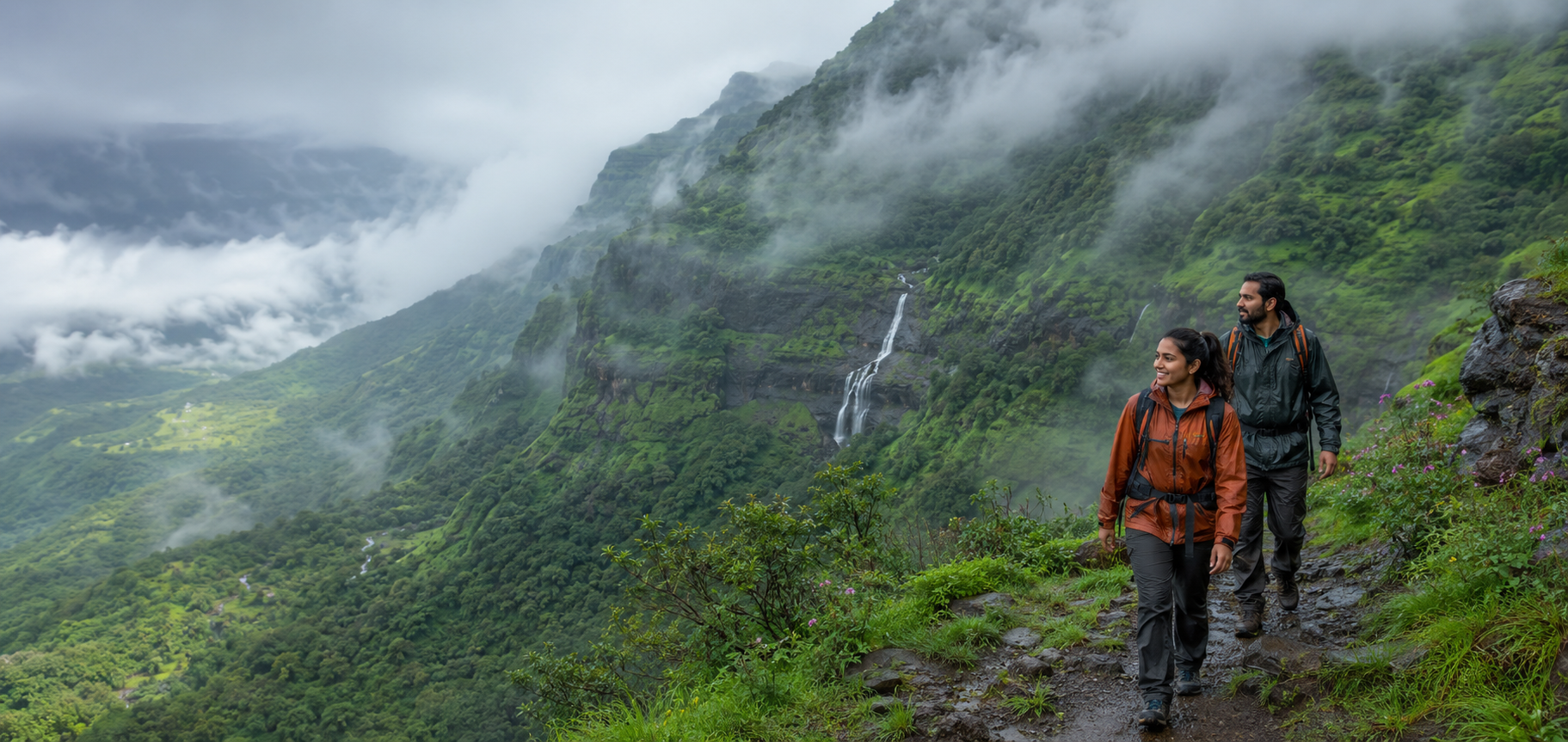 Indian hikers exploring a lush green mountain trail with waterfalls during an August monsoon adventure.